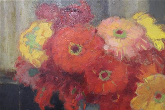 Polish School, oil on board, still life of flowers on a mantelpiece, indistinctly signed, 33 x 78cm